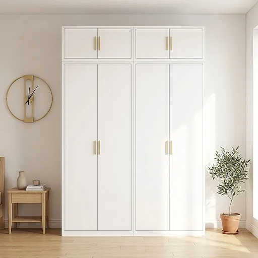 160x240cm 4-Door White Steel Hanging and Shelf Wardrobe with Gold Handle Storage Cabinet