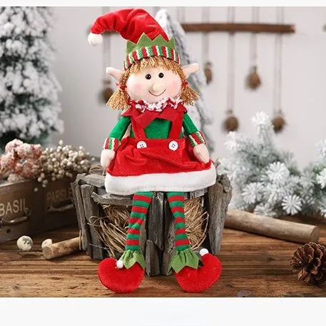 Female Christmas Elf Plush Doll, red and green colors, soft fabric, can sit or hang, 48cm tall, decorates windowsills and tabletops, adorable and warmly