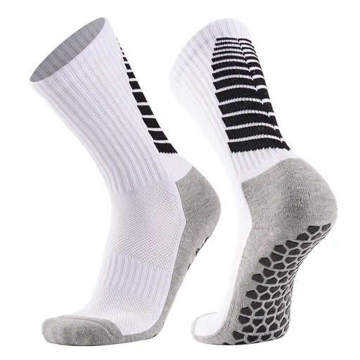 1 Pair Men's Football Socks with Towel Sole, PVC Anti-Slip Grip and Cushioned Mid-Calf Support for Training, White, Size 39-45