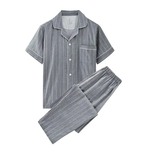 Cotton Short Sleeve Japanese Leisure Sleep Shorts Set Men's vertical gray-short sleeve long