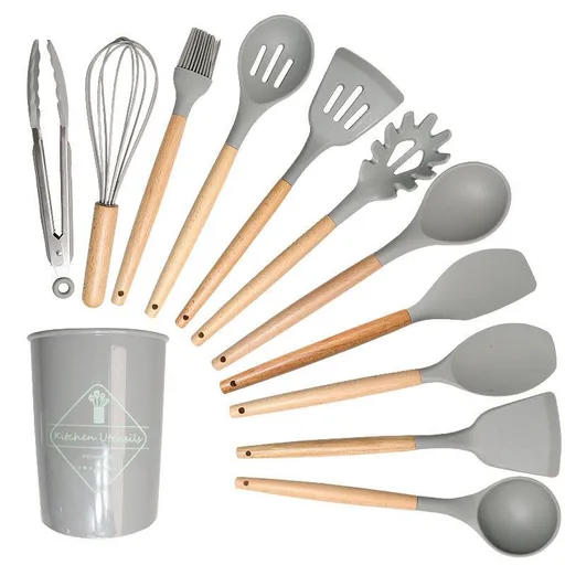12 Pcs Silicone Cooking Kitchen Utensils Set with Holder, Wooden Handles Cooking Tool, Turner Pliers Spatula Spoon Kitchen Gadget Suit for Non-Stick Cookware, Women's Gifts 13×4 in Gray