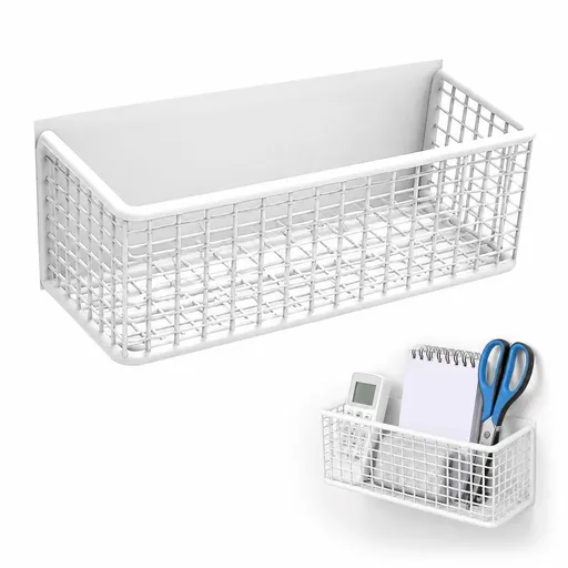 Magnetic Fridge Organizer White Metal Storage Basket for Spices, Kitchen and Whiteboard, 24.5 x 10 x 8 cm