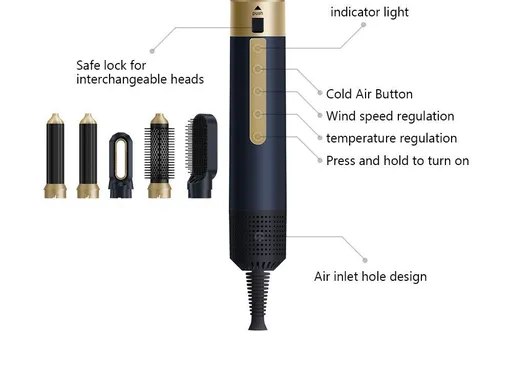 5-in-1 hair dryer, hair styling tool, hot air comb, straightening and curling, automatic curling iron, high-speed motor, Australian hair care, multifunction hair brush - Black - Size 6