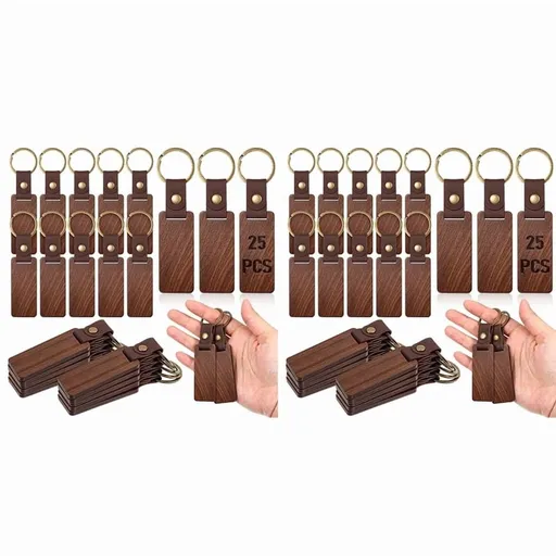 50PCS Wooden Keychain Blanks Rectangle Wood Keychain Blanks with Leather Strap Engraving Blanks Key Chain