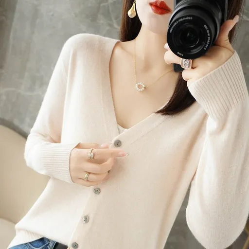 Women V Neck Knitted Cardigan Long Sleeve Sweater Beige XXL Size: XXL; Height (cm): 175-180; Weight (kg): 65-70; Bust (cm): 98-102; Waist (cm): 82-86; Shoulder width (cm): 41; Length (cm): 66
