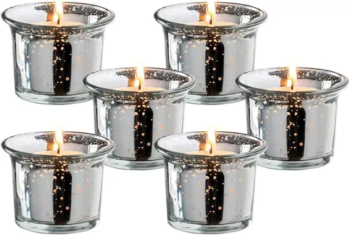 Silver Oyster Mercury Glass Votive Candle Holder, Table Centerpiece Tealight Decoration for Elegant Dinner, Party, Wedding, Holiday, Set of 6 (Unfilled)
