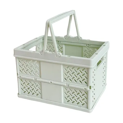 Green Foldable Storage Basket with Handles - Portable Multi Purpose Desktop Organiser Crate for Snacks, Kitchen Storage, Books and Household Essentials