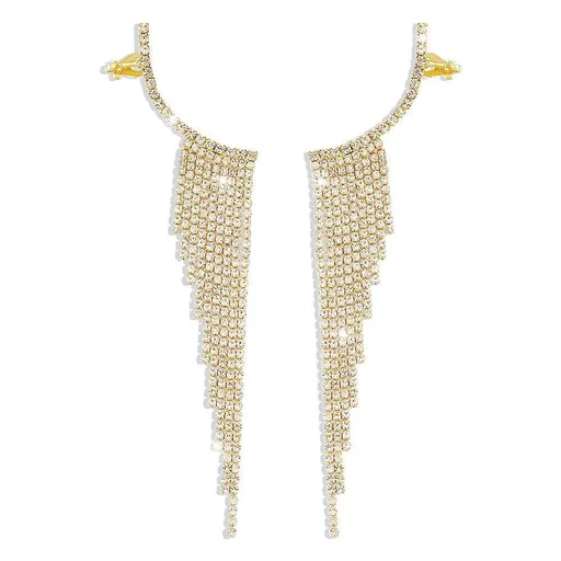 Bling Dangle Drop Tassel Earrings Long Tassel Rhinestone Rhinestone Earrings - Gold
