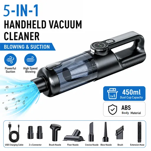 Black and Grey Cordless Handheld Vacuum Cleaner 17000Pa High Suction Portable Rechargeable 5 in 1 Car Home Cleaning Device Multi Function Dust Removal Tool Lightweight Easy Clean ECO MAX Modes