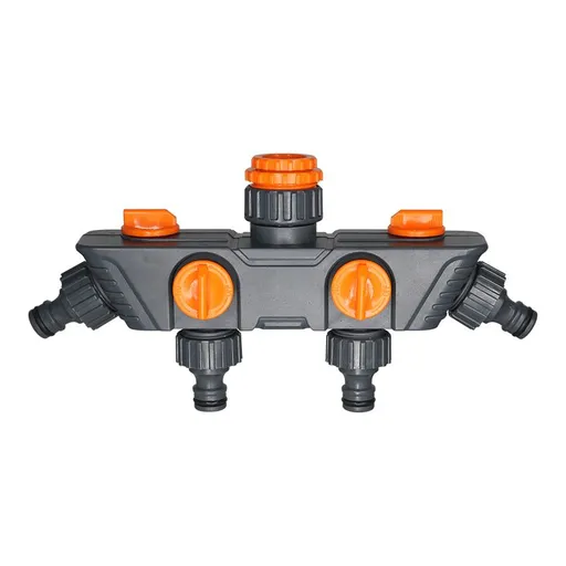 4-Way Distributor, 4 Ports, Orange, Metal/Plastic, Ball Valve, Garden Valve, Connector, Distributor