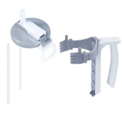 Grey Soda Can Lid and Handle Holder Set - Anti-Overflow Plastic Cover with Straw and Suction Cup Grip for 12oz Cans, Portable Drink Accessory for Parties and Travel