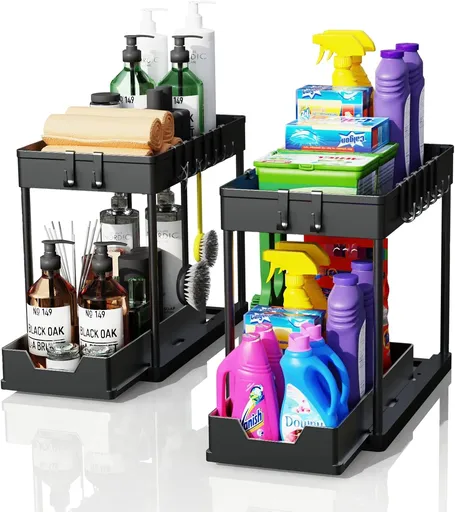 CARLA HOME 2 Pack Under Sink Organizer with Pull-Out Basket and Hooks for Bathroom & Kitchen