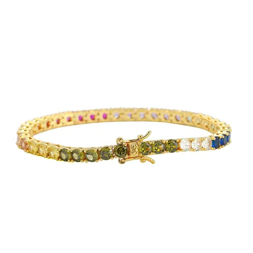 Gold Rainbow Zircon Tennis Bracelet – 4mm Single Row Hip Hop Jewelry with Dragon Clasp (7 Inch)