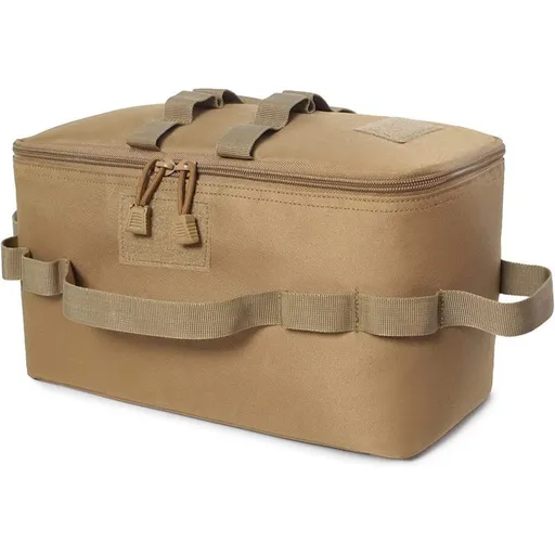 Khaki Camping Gear Storage Bag (34 x 17 x 19 cm) Portable Outdoor Organiser with Removable Dividers, Mesh Pocket and Carry Handles for Cookware and Picnic Gear