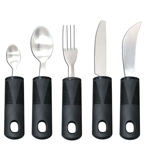 Adaptive Utensils, Weighted Utensils for Hand Tremors, Utensils for Parkinsons Patients,Elderly,Arthritis,Weak Hand Grip,Tremors & Handicapped. Stainless Steel Knife,Fork and Spoons Set - Black - Size 5pcs