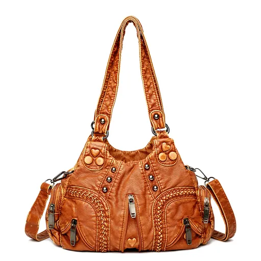 Hobo Bag Vintage Style Soft Washed PU Leather Multi-Pocket Yellow