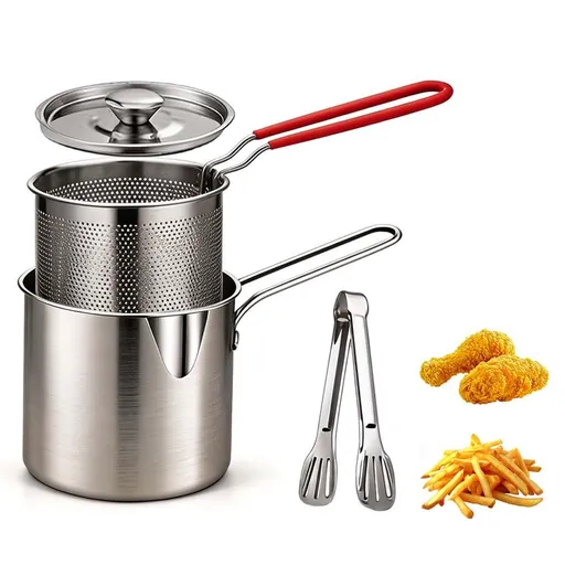 4pcs New Deep Fryer Pot Set, 304 Stainless Steel Fryer Deep Fryer Basket Mini Stainless Steel Deep fryer Pot with Basket & Strainer for French Fries, Fried Taro Ball, Fried Chicken Wings, Fried Fish - Silver