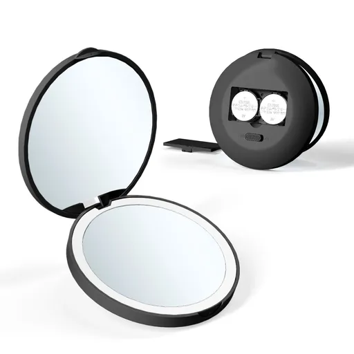 LED Compact Mirror, Lighted Travel Mirror, 2X Magnifying, Handheld, Double Sided, Portable Makeup Mirror Black, 3.15 inch Round
