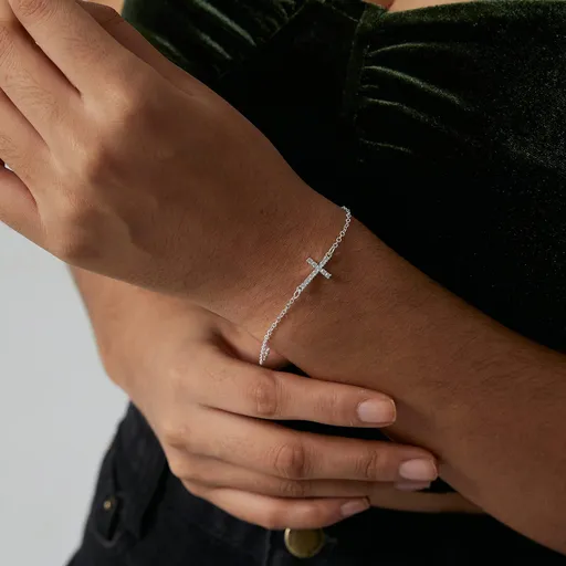 2-Pack Sliver Plated Micro-Paved CZ Mini Cross Bracelet - Dainty Adjustable O-Chain Wrist Jewelry(16-21CM)