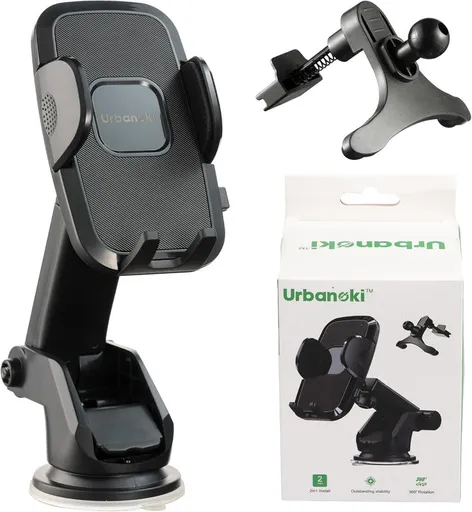 Urbanoki 4 in 1 Car Phone Holder Dashboard Windshield Vent Mount for All Phones - Black