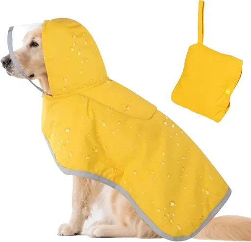 Dog Raincoat, Adjustable Dog Rain Jacket Clear Hooded Double Layer, Waterproof Poncho with Reflective Strip Straps and Storage Pocket for Small Medium Large Puppies(M)