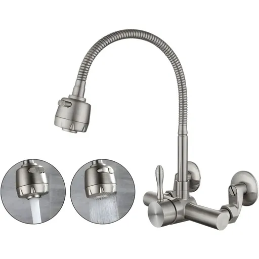 Wall Mounted Kitchen Faucet, Food Grade 304 Stainless Steel Material, 360° Rotatable Wall Mounted Kitchen Faucet 12CM-18CM Mounting Hole