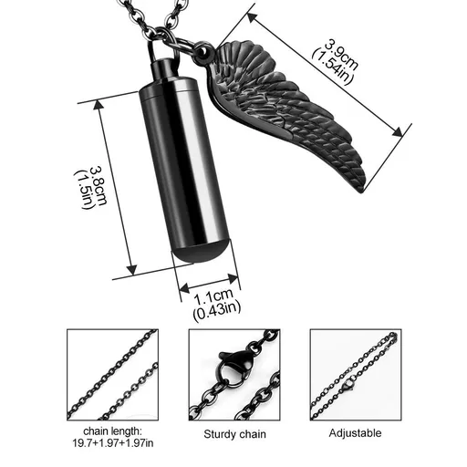 Cylinder Cremation Urn Necklace for Ashes Memorial Keepsake Pendant with Angel Wing Stainless Steel Remembrance Jewelry