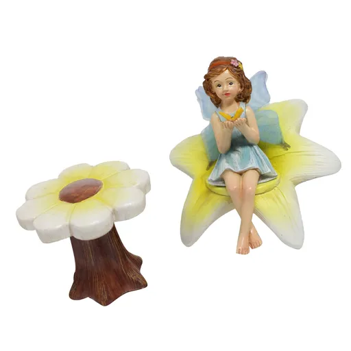 Flower Fairy Figurine with Flower Table and Chair Resin Exquisite Fairy Statue for Patio Landscape Decor