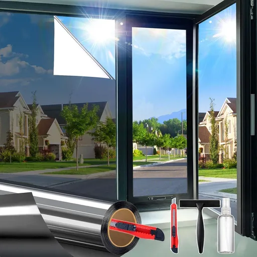 Static-Cling Window Film with Mirror Effect for Daytime Privacy, Heat & Glare Reduction, Easy Water-Based Installation, Includes Scraper, Spray Bottle, and Cutter—Ideal for Homes, Offices, and Apartments (Black)