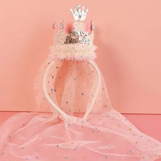 Beige 2-Pack Tulle Crown Headbands with "Happy Birthday" Sparkle Design for Kids – Princess Party Hair Accessories