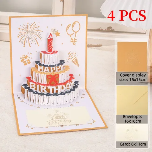 4-Pack - Classic Color Clashes Cake 3D Pop-Up Birthday Cards, Papercut Foldable Greeting Gift Cards - Gold