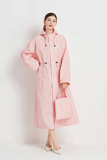 Size M Pink Women's Chic Lightweight Waterproof Raincoat - Long Hooded Packable Rain Jacket with Pouch