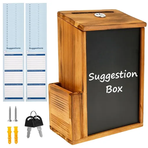 Suggestion Box with Slot and Lock Wood Donation Box with 50 Suggestion Cards and 2 Keys,6.85*3.86*9.72in