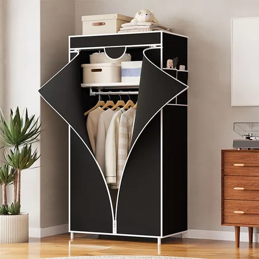 Freestanding Closet Organizer | Portable Wardrobe Storage Cabinet with Non-Woven Cover | Black Clothes Rack for Bedroom & Entryway | 57x22x17 Inches