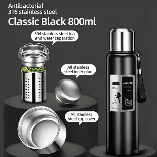Antibacterial 316 Stainless Steel Vacuum Flask 800ml | Tea Infuser & Insulated Bottle for Hot/Cold Drinks (Black)