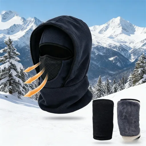 Windproof Thermal Rider Protection Set - 2 Pack Faux Rabbit Fur Knee Braces & Dark Blue Fleece Balaclava Hood Outdoor Sports Warmth Bundle
