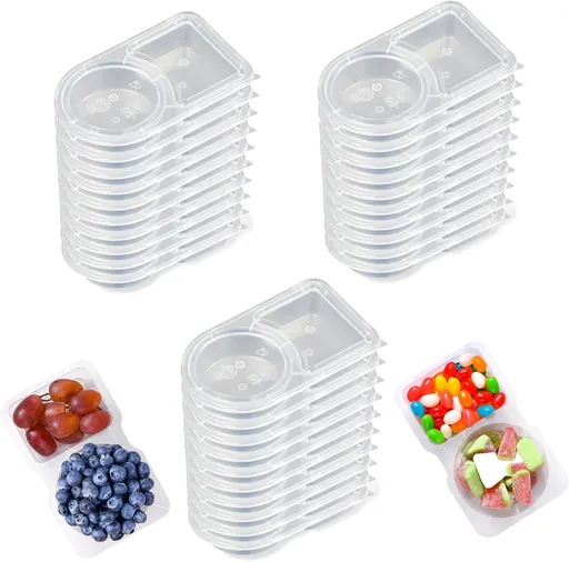 2 Compartment Snack Containers with Lids, Small Reusable Plastic Clear Snack Containers for School, Home, Fridge, Veggie Dip, Lunch, Cheese and Crackers (30)