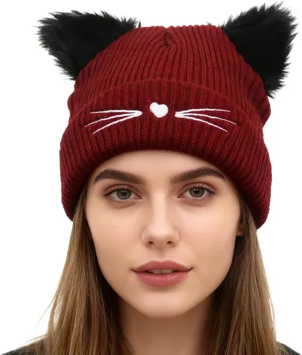 Knit Beanie with Cute Plush Cat Ear Embroidery for Women Girls, Winter Thick Warm Hats Fashion Accessory