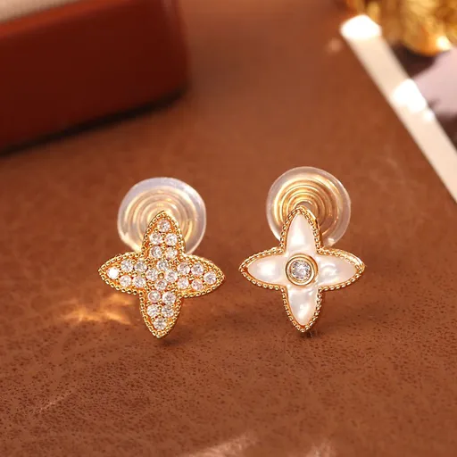 Four Leaf Clover Stud Ear clips - 14mm Gold Tone White Mother of Pearl and White Zircon Mismatched Ear clips, Elegant Fashion Jewellery for Women and Girls