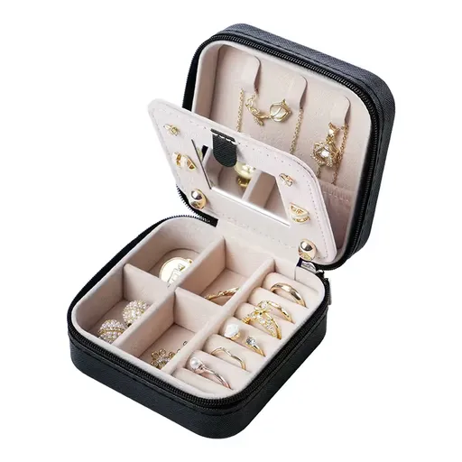 Black Mini Travel Jewelry Box with Mirror - 10x10x5cm Portable PU Leather Organizer for Rings, Earrings, Necklaces, Anti-Tarnish Velvet Interior, Compact Design for On-the-Go Storage