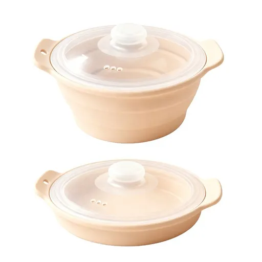 Foldable Food-Grade Silicone Steamer Pot with Lid and Steamer Rack – Space-Saving Collapsible Cookware for Microwave, Freezer, Camping, and Outdoor Meals, Effortless Storage and Versatile Kitchen Companion (Round Style, Beige)