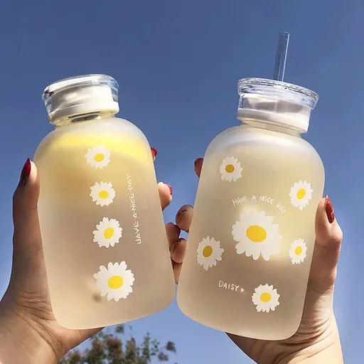 480ml Milk Juice Cute Water Bottle with Scale 2 Lids Little daisy Matte Portable Transparent Water Cup Glass (1Pcs Six Flowers)