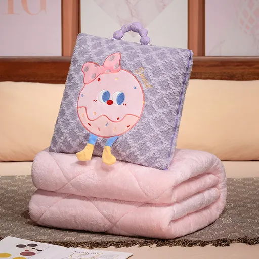 Purple Thick Fleece Cartoon Cookie Pillow Blanket 2-in-1 for Winter Car and Office Use