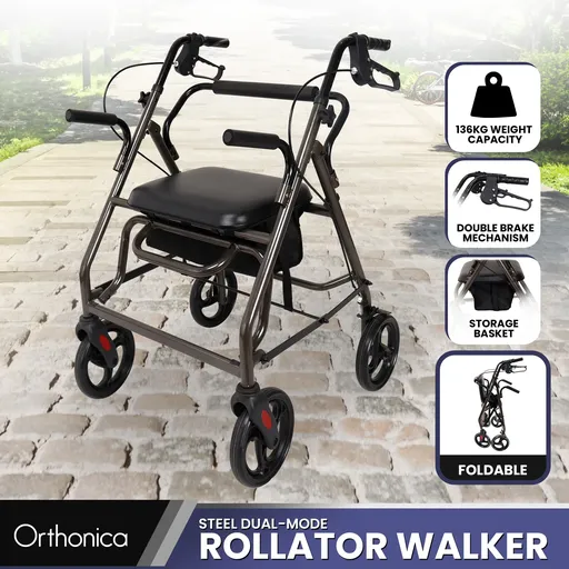 Orthonica Foldable 4-Wheel Rollator Walker with Padded Seat & Storage, Height Adjustable Steel Frame - Grey