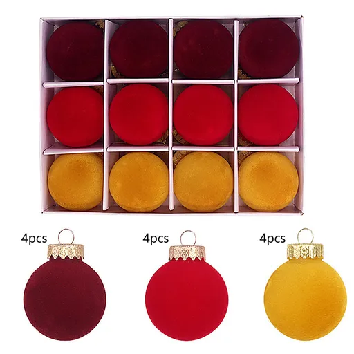 12PCS Velvet Xmas Ball Ornaments 2.4 Inch Flocked Xmas Tree Hanging Balls for Holiday Birthday Wedding Decorations Wine Red Yellow