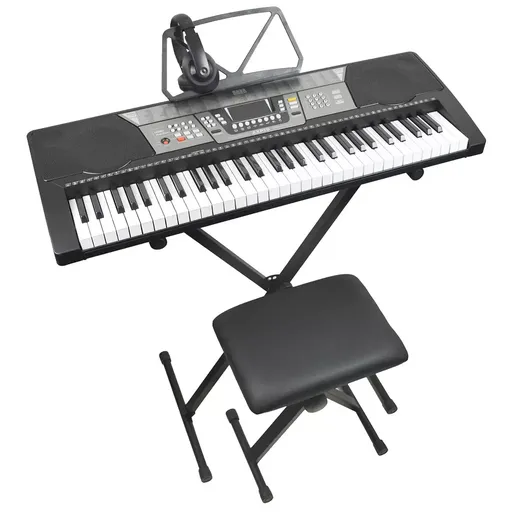 Black Digital Portable Keyboard Pack With Headphones, Stool, 61 Keys, 255 Voices, Adjustable Height Stand