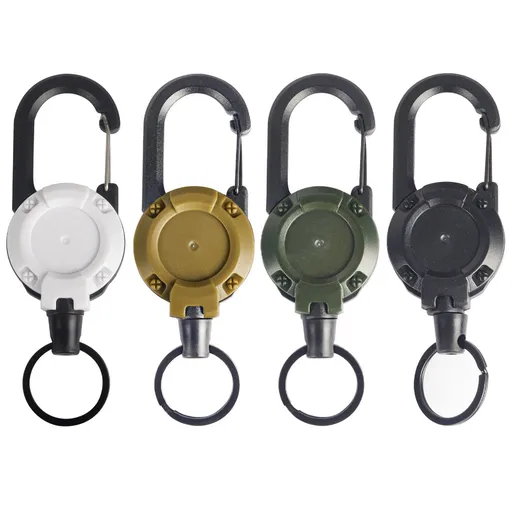 Retractable Gear Tether 4-Pack - Stainless Steel Cable Keychain Reel for Outdoor Fishing Hiking - Auto Retracting Badge Holder with Carabiner Clip - Black Khaki Green White