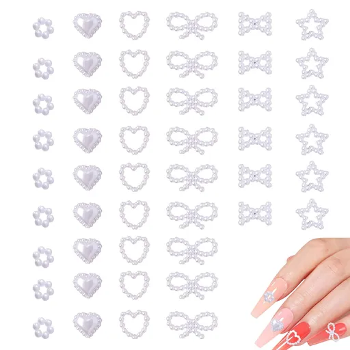 White Pearls Nail Charms, 200 pcs 3D Multi-Shaped Acrylic Heart Star Bowknot Nail Decoration for Manicure DIY Crafting Jewelry