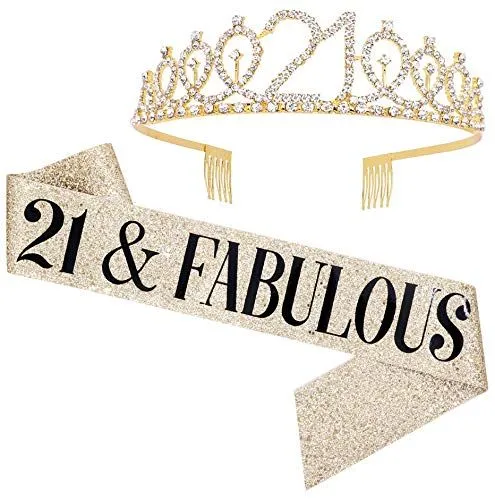 Set - 21st Birthday Gifts Birthday Sash for Women Birthday Party Favors Perfect size + Comfortable to wear (Glitter Gold/Black)