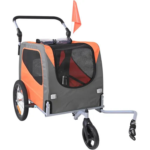 Dog Bike Trailer, Supports up to 30 kg, 2-in-1 Pet Stroller Cart Bicycle Carrier, Easy Folding Cart Frame with Quick Release Wheels, Universal Bicycle Coupler, Reflectors, Flag, Orange/Gray